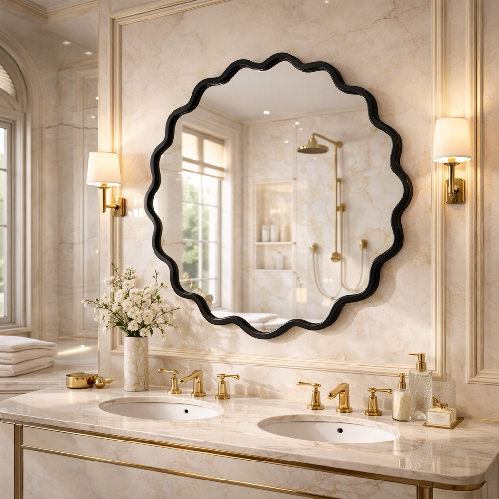 Modern Wavy Metal Frame Wall Mirror – Sleek Narrow-Edge Design for Stylish Home Décor & Enhanced Space Elegance