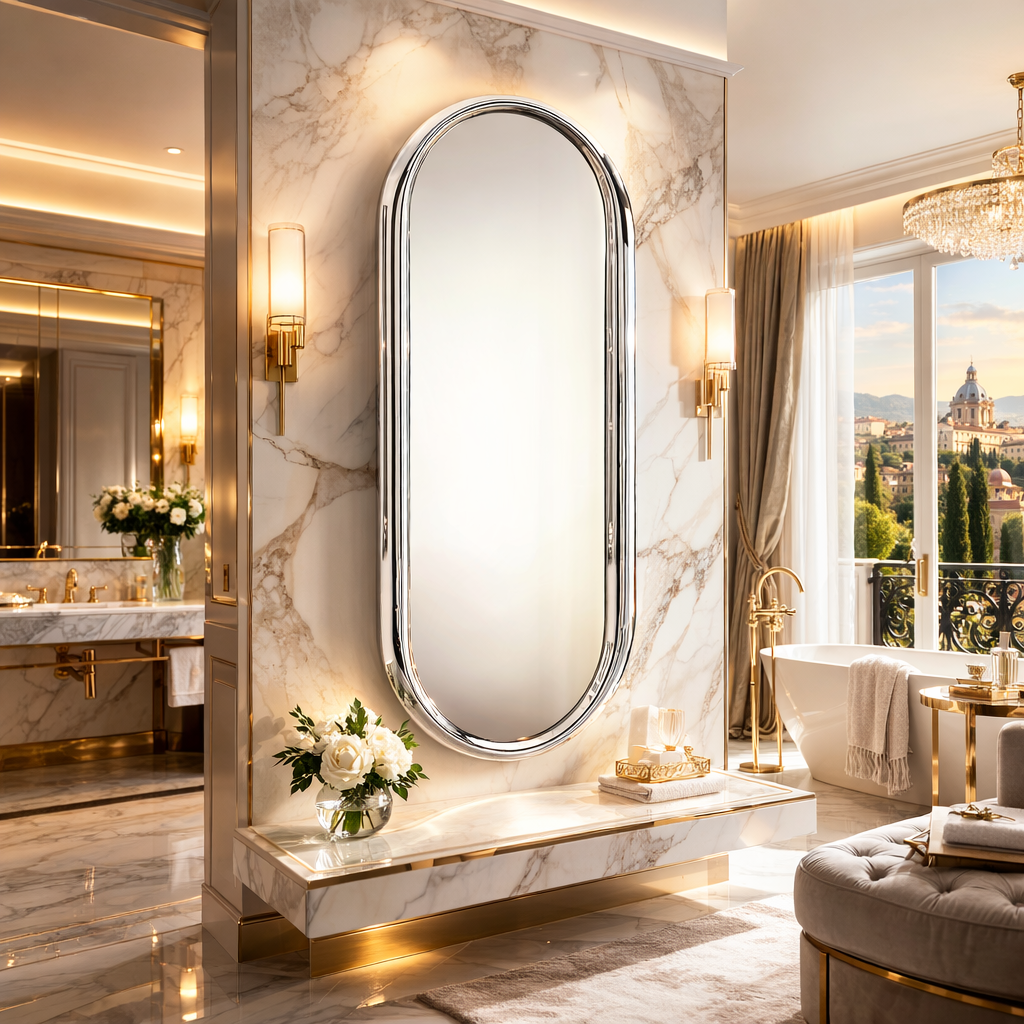 Luxury KOXZE Pill-Shape Wall Mirror – Elegant Art Deco Frame for Dramatic Room Impact