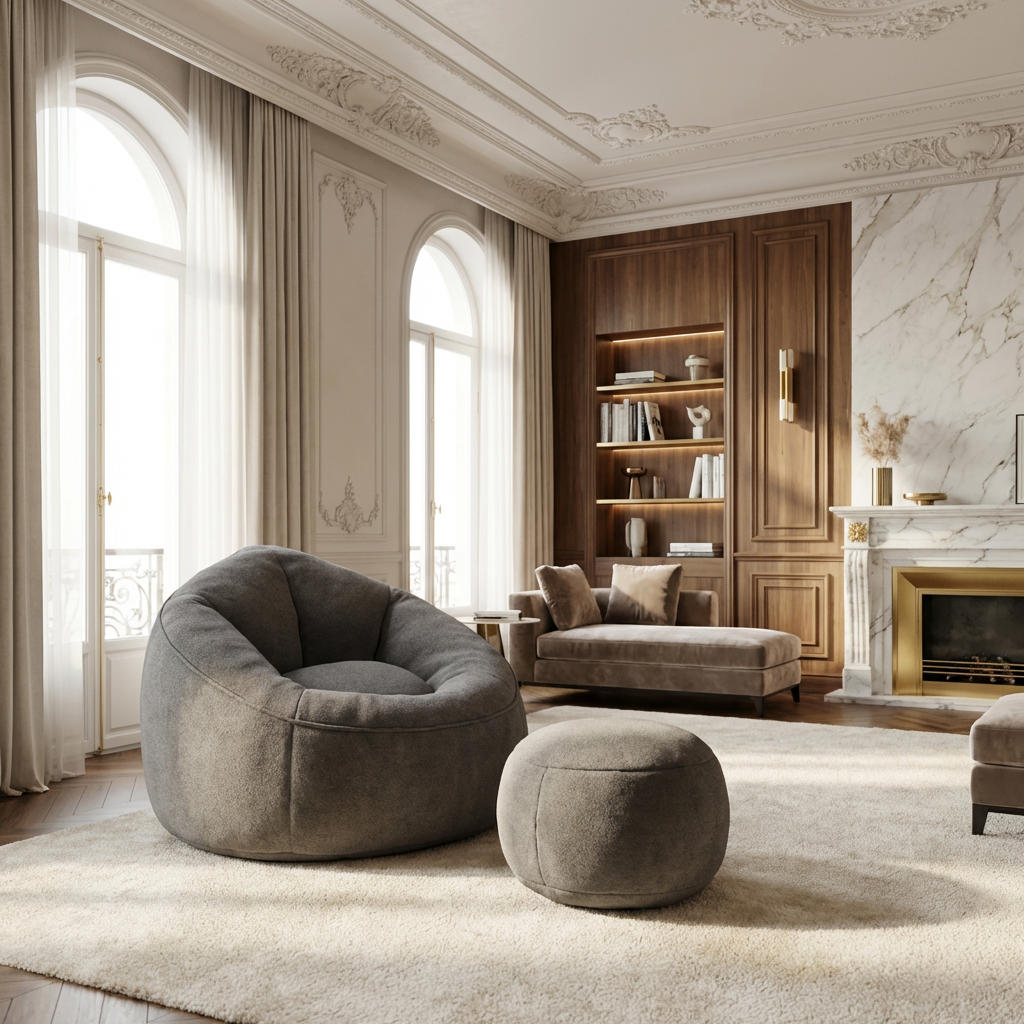 Luxury Ergonomic Bean Bag Chair with Ottoman, Dark Gray Teddy Fabric, Memory Foam Lounge Seat for Living Room & Bedroom