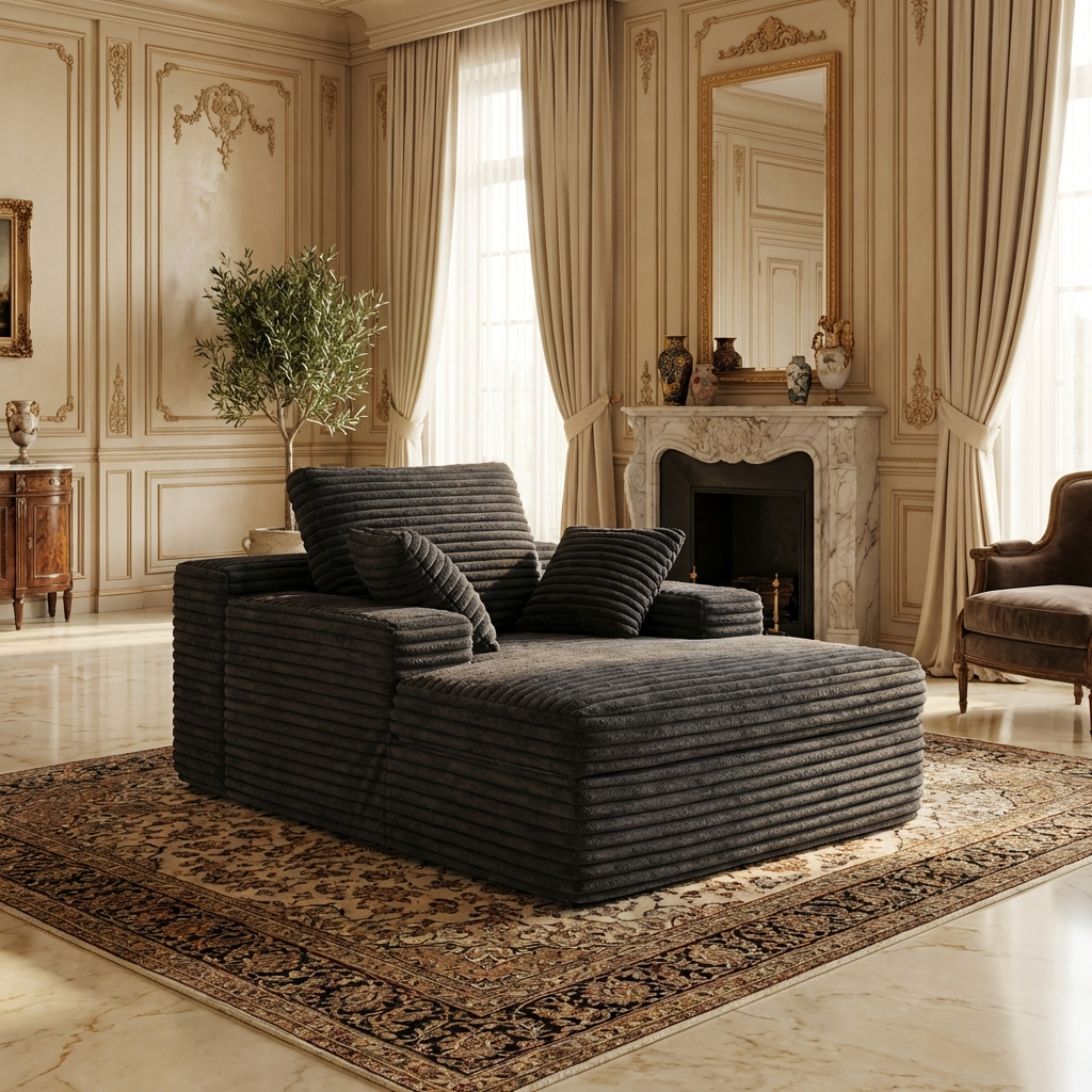 Oversized Black Corduroy Chaise Lounge - Cloud Soft Cuddle Chair 67