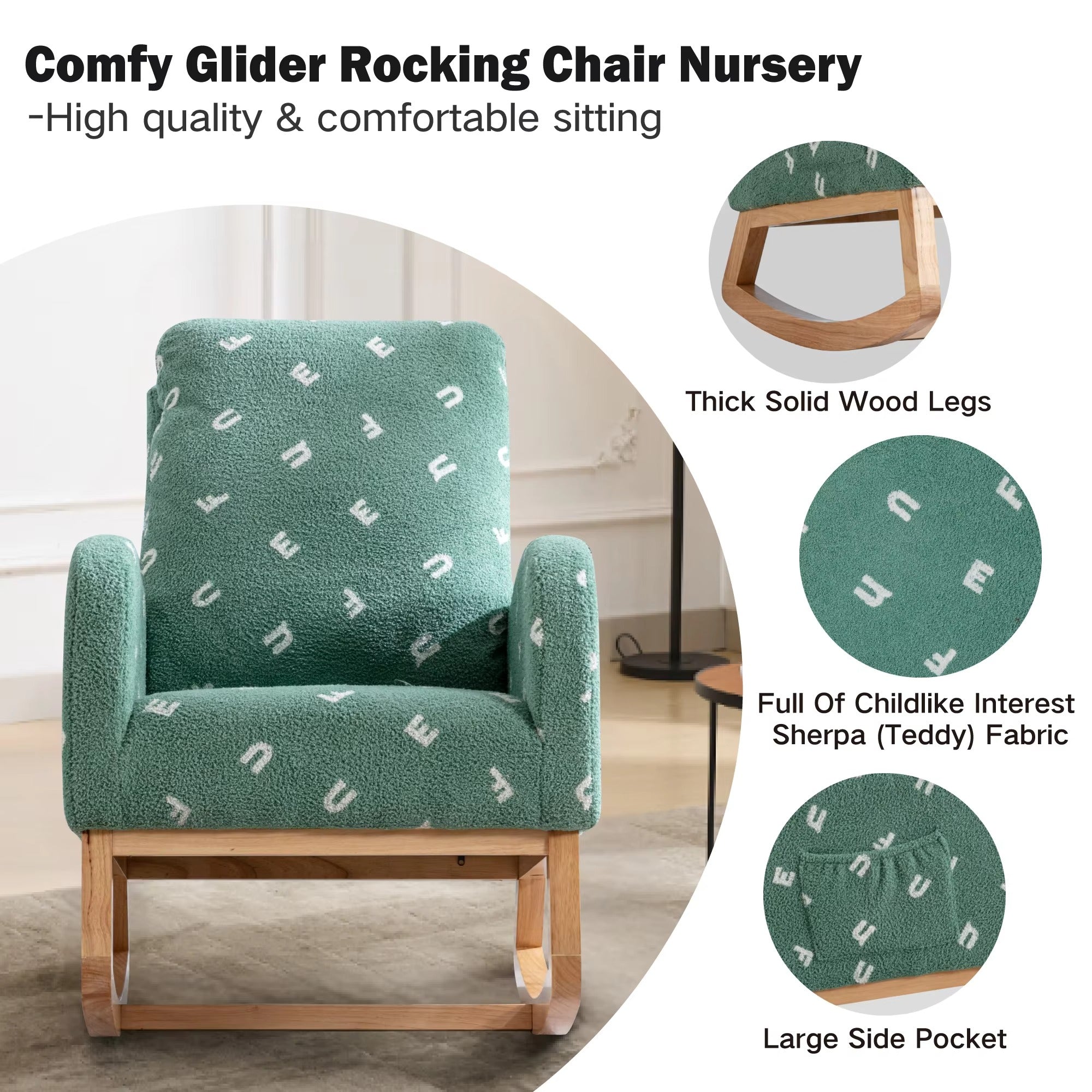 M Lovely Wooden Rocker Chair – Durable Wing-Back Recliner with Side Pocket for Cozy Nursery & Living Space