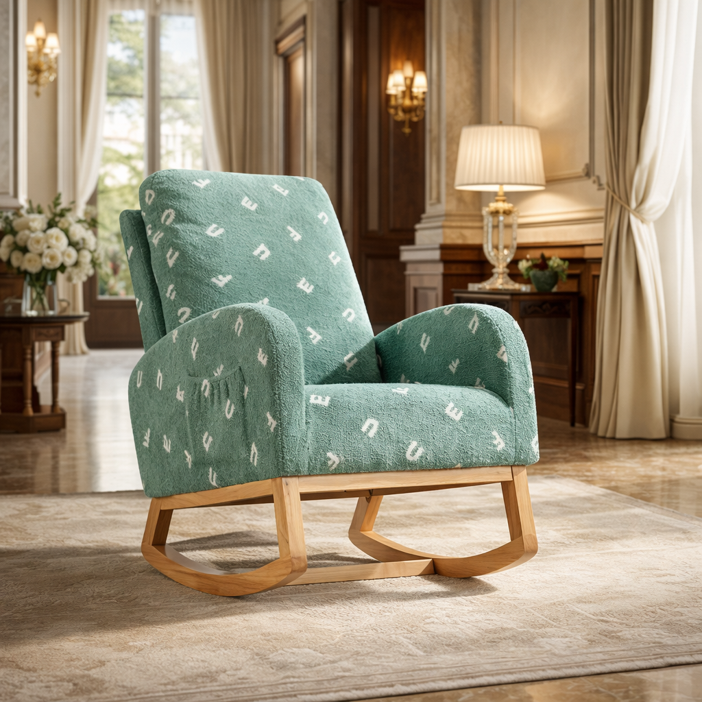 M Lovely Wooden Rocker Chair – Durable Wing-Back Recliner with Side Pocket for Cozy Nursery & Living Space
