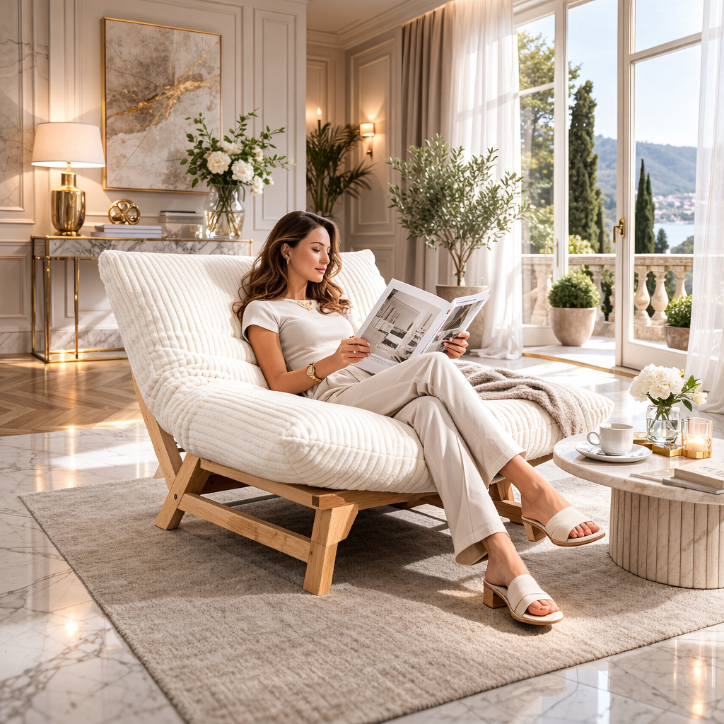 Modern Single Seat Corduroy Chaise Lounge – Plush Relaxation Chair with Space-Saving Design for Living Room