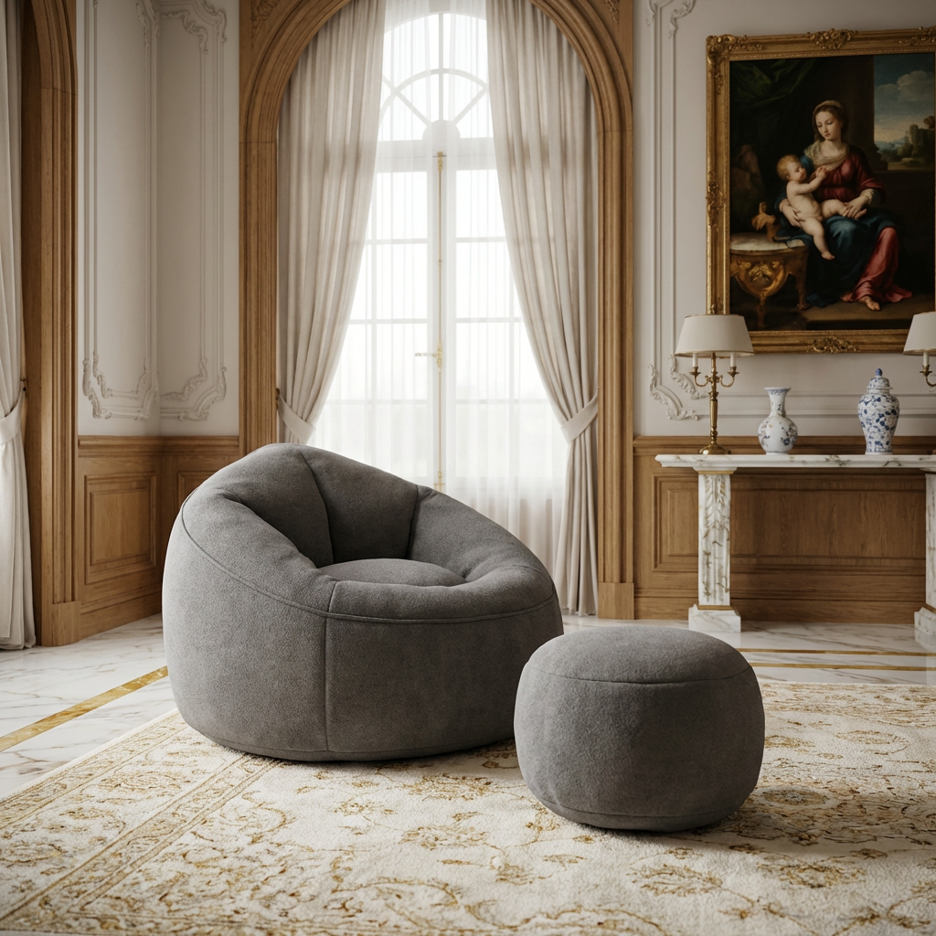 Luxury Ergonomic Bean Bag Chair with Ottoman, Dark Gray Teddy Fabric, Memory Foam Lounge Seat for Living Room & Bedroom
