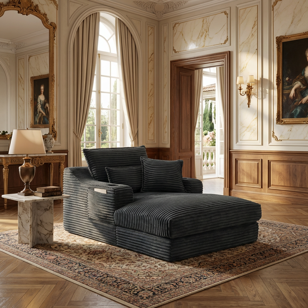 Oversized Plush Black Velvet Lounge Chair with Chaise, Cup Holders & Pillows, Vacuum‑Compressed for Living Room