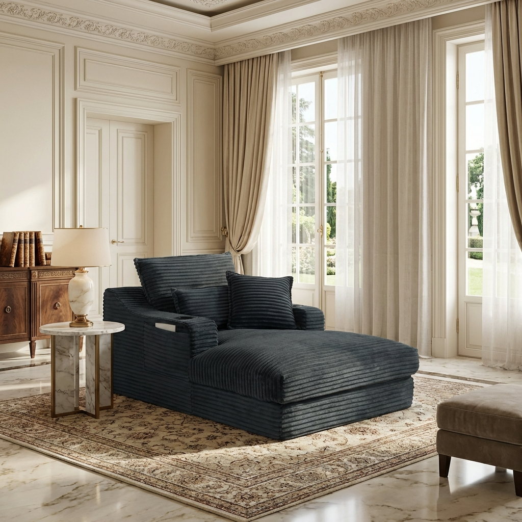 Oversized Plush Black Velvet Lounge Chair with Chaise, Cup Holders & Pillows, Vacuum‑Compressed for Living Room