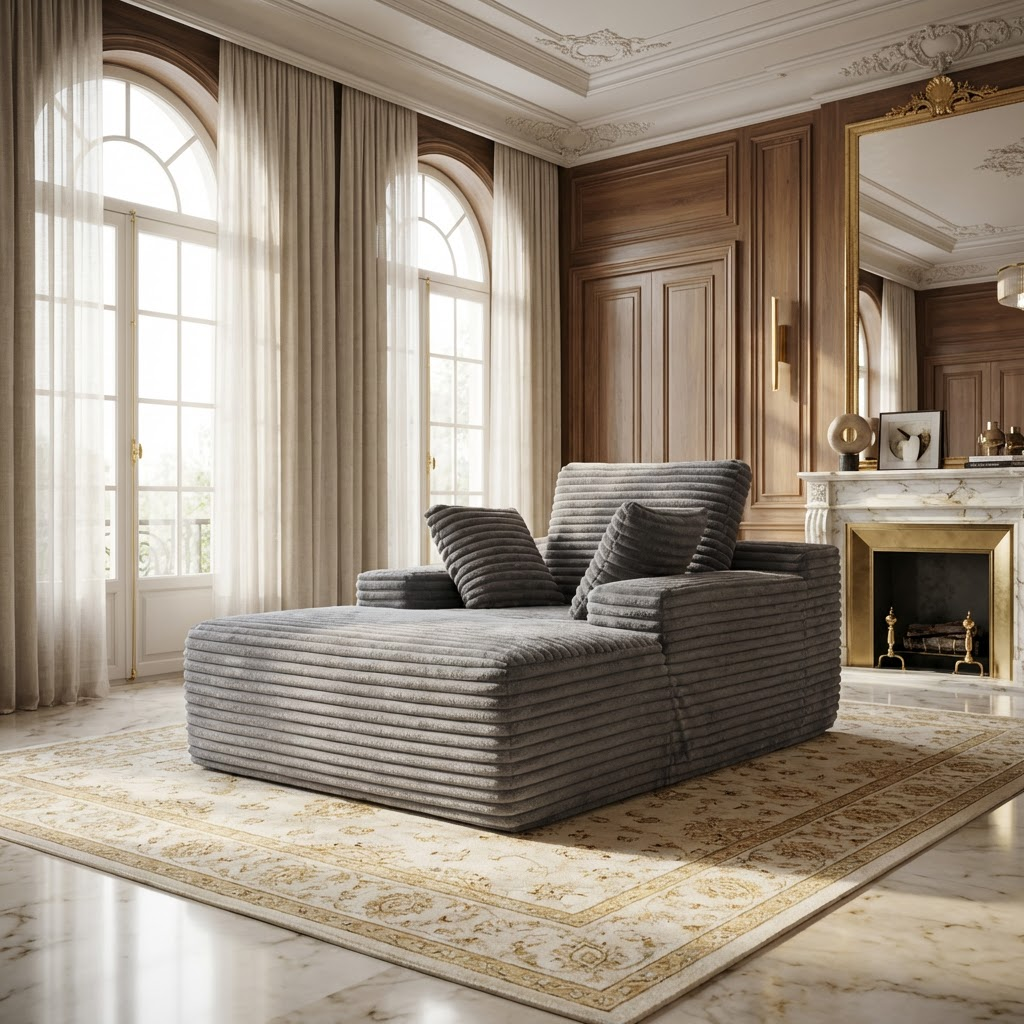 Oversized Grey Corduroy Chaise Lounge - Cloud Soft Cuddle Chair 67