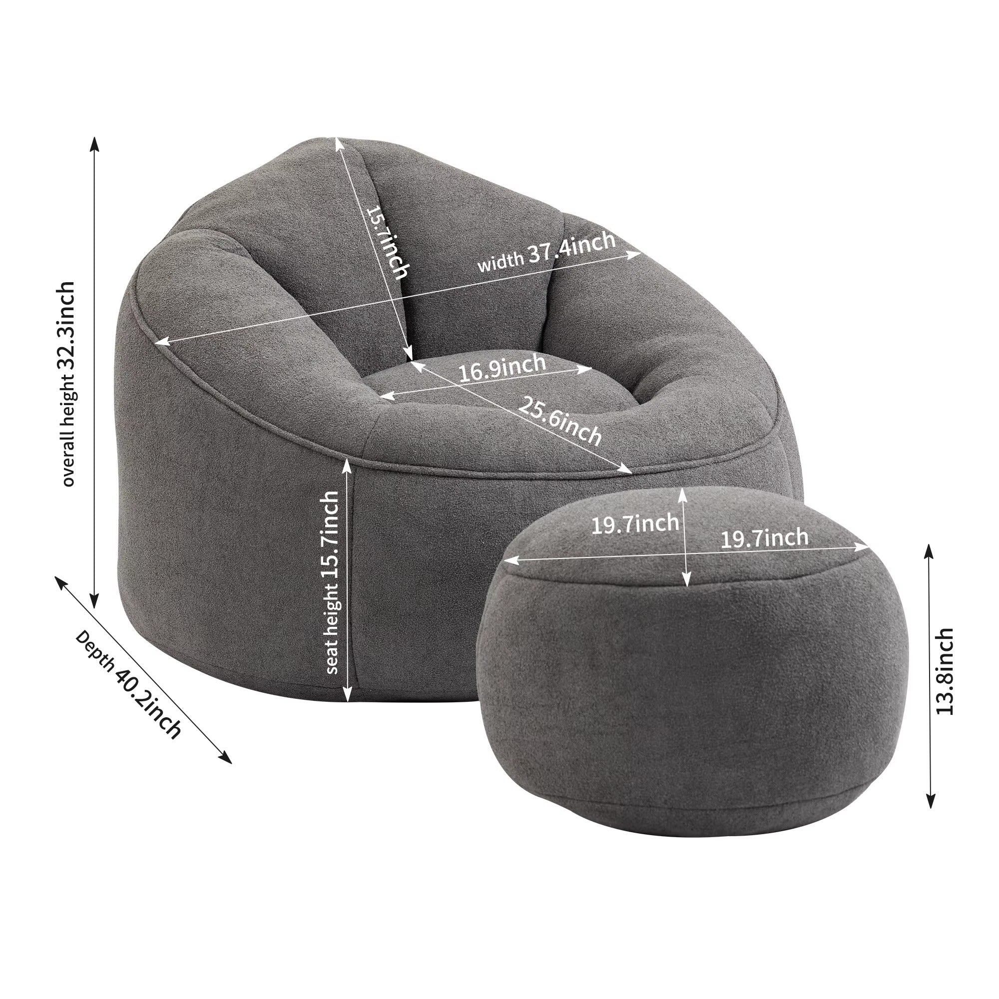 Luxury Ergonomic Bean Bag Chair with Ottoman, Dark Gray Teddy Fabric, Memory Foam Lounge Seat for Living Room & Bedroom