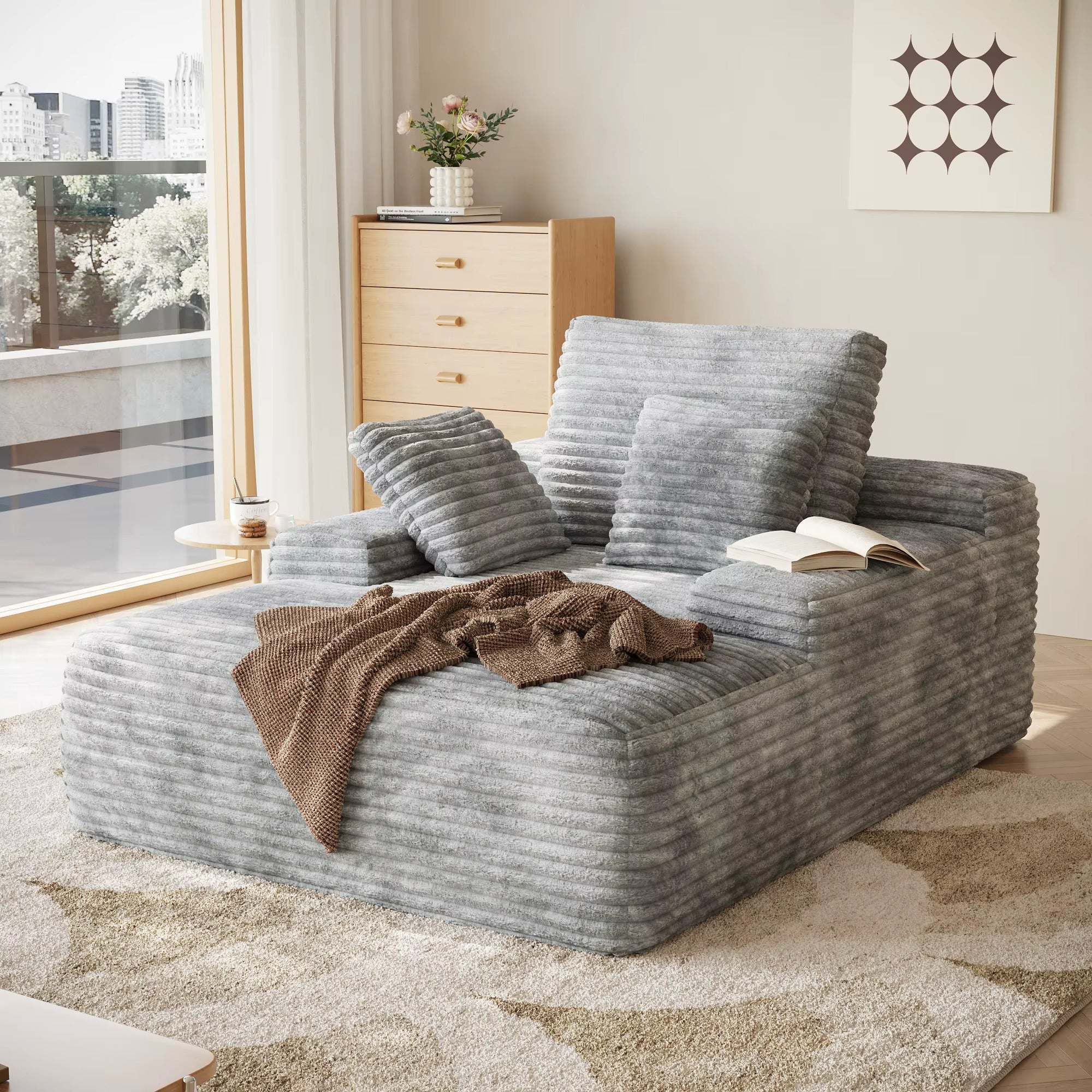 Oversized Brown Corduroy Chaise Lounge - Cloud Soft Cuddle Chair 67